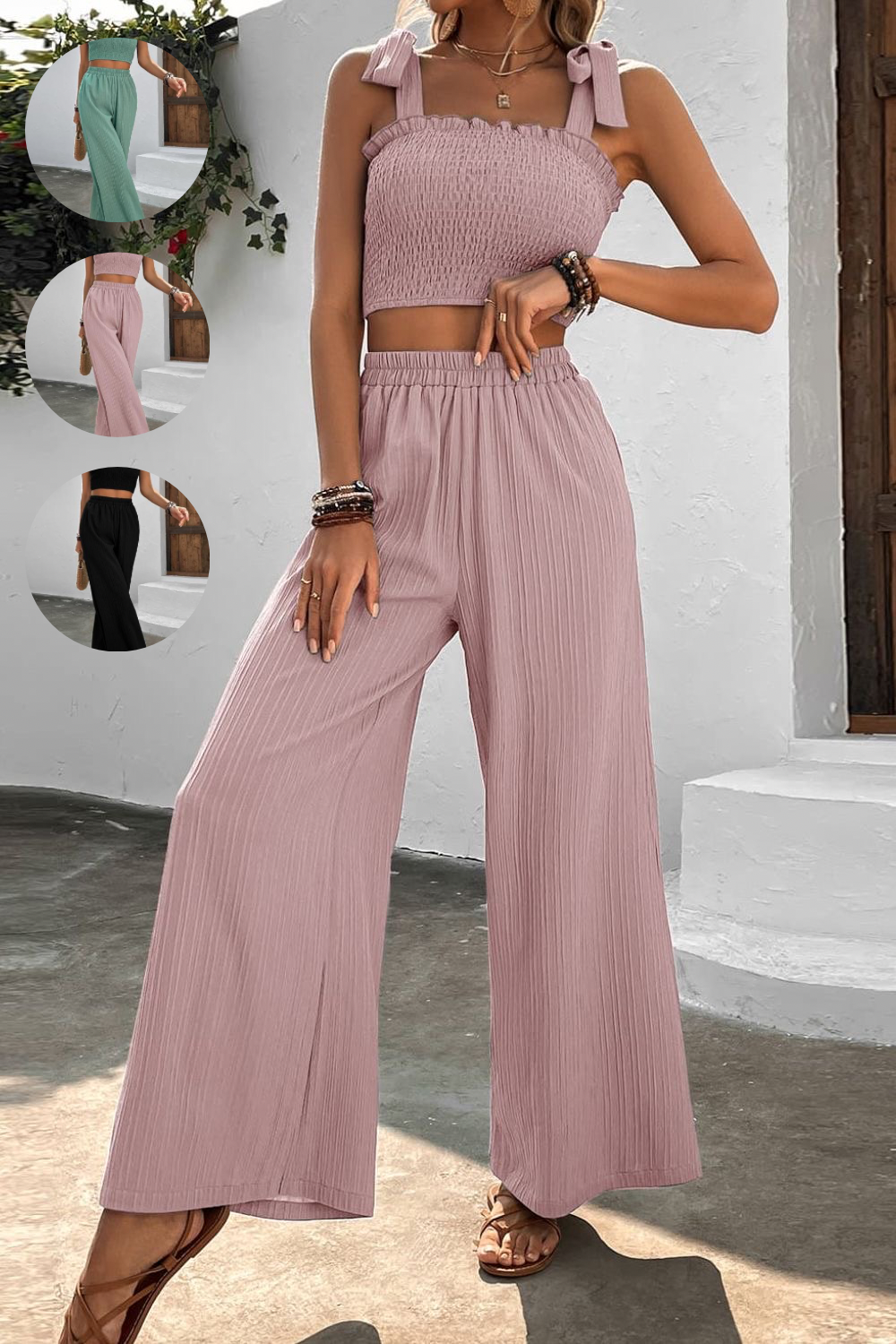 Womens Misses 2-piece Outfit Set including a Stretchy Smocked Crop Top with adjustable tie shoulder straps, Comfort Stretch Elastic Waist Wide Leg Palazzo Pants available in 3 colors: Gum Leaf Green, Light Mauve Pink, and Solid Black