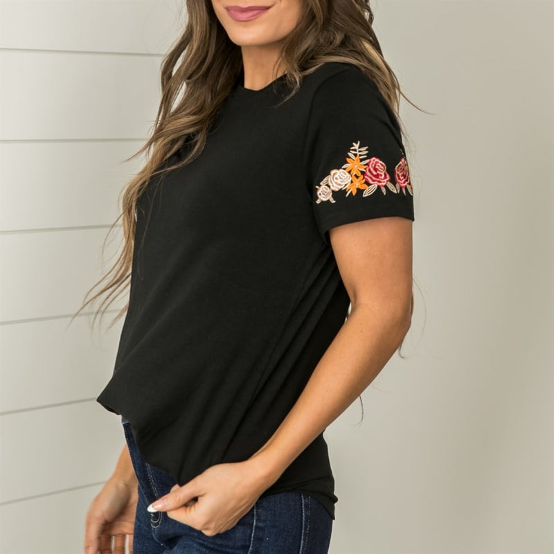 Womens Misses Exquisite Floral Embroidered Short Sleeve Top Blouse in Black with a Soft & Stretchy true to size fit fabric