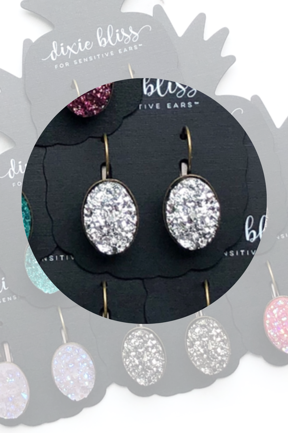 Dixie Bliss Earrings: Brilliant Lever Backs Hypoallergenic made in the USA woman-owned company druzy shiny diamond-like sparkle and shine safe & made for sensitive ears