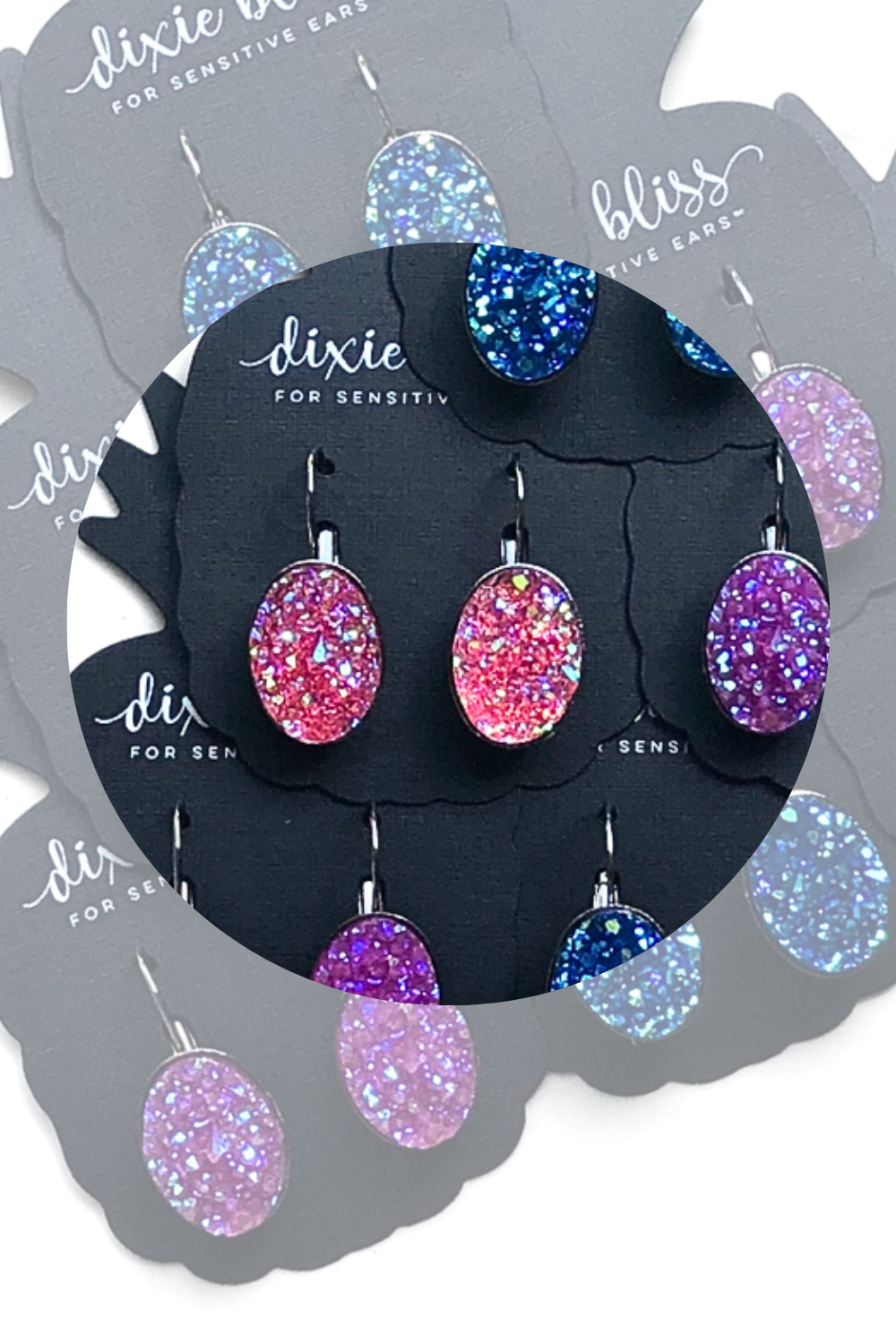 Iridescent Crystal Candy Pink | Dixie Bliss Earrings:  Vivid Lever Backs In Blue, Pink, and Purple. All Hypoallergenic made in the USA woman-owned company druzy shiny diamond-like sparkle and shine safe & made for sensitive ears