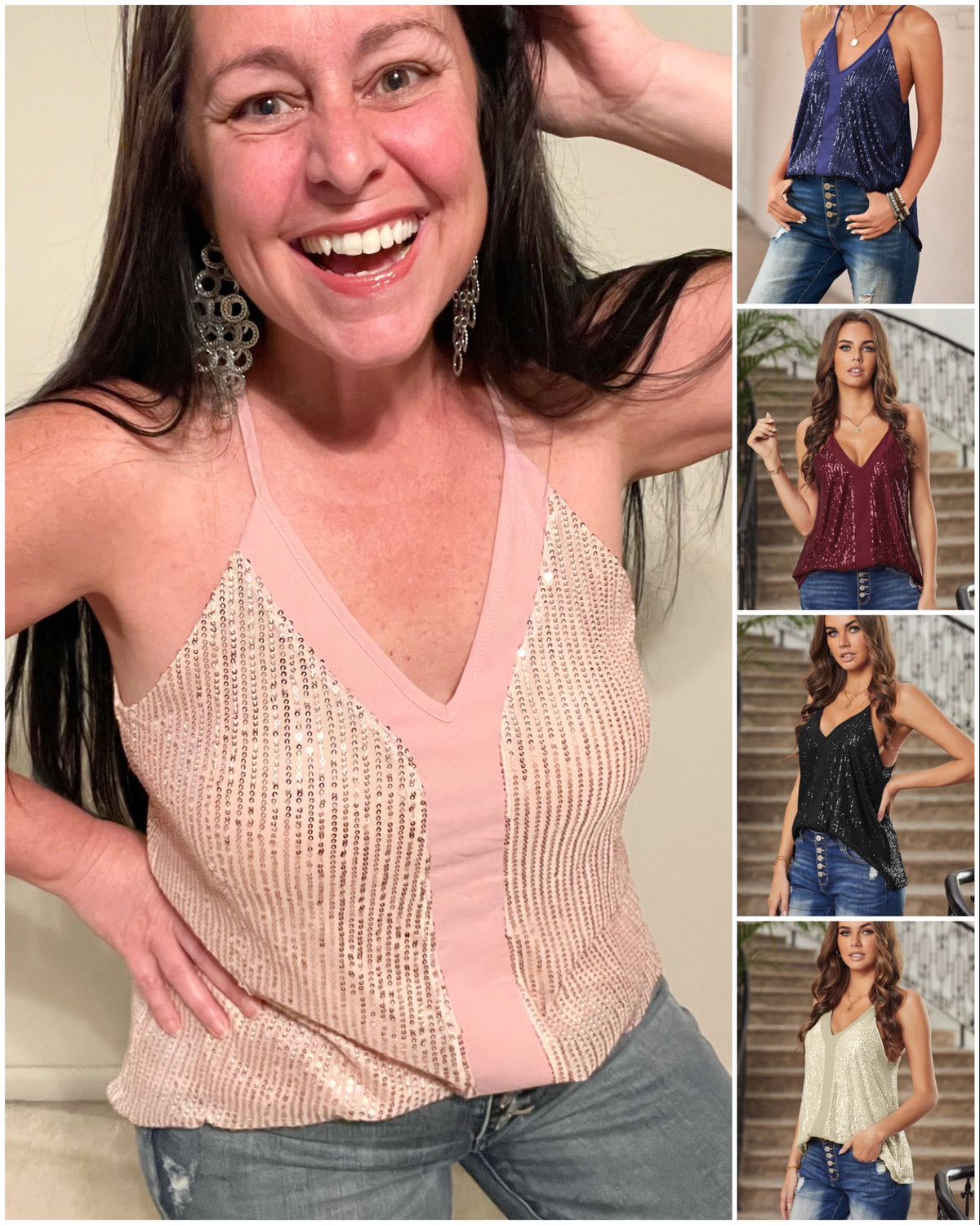 Sparkly Bling Cami Sequin Racerback Tank Adjustable Straps V-neckline Lined Material: 95% polyester, 5% spandex Stretchy True to Size 5 colors: Apricot Cream Off-white, Red Wine Burgundy, Black, Royal Navy Blue, Blush Pink