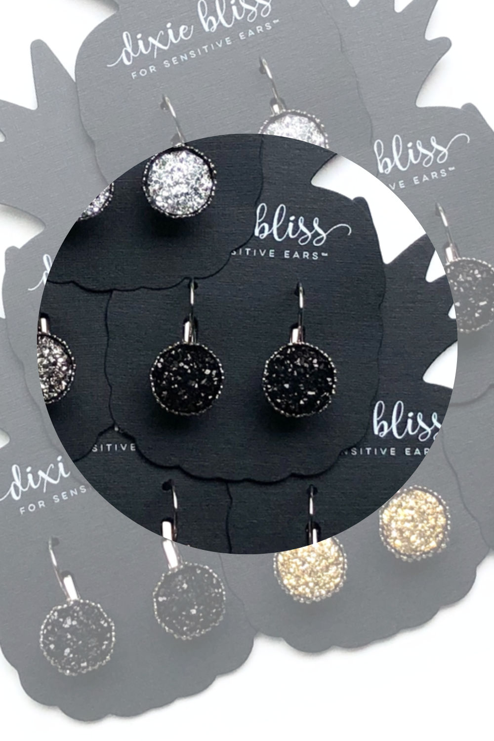 Black Druzy Sparkle Earrings by Dixie Bliss Earrings: Perfect Lever Backs In Gunmetal, Silver, Gold, Black. All are Hypoallergenic made in the USA woman-owned company druzy shiny diamond-like sparkle and shine safe & made for sensitive ears