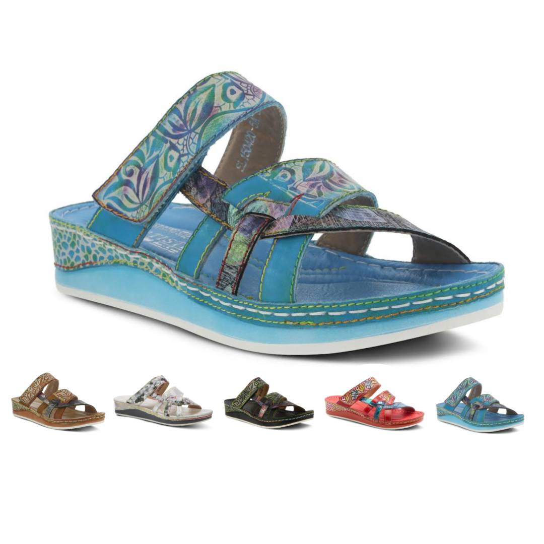 L'Artiste SpringStep Shoes Spring Step Womens Shoe Caiman Slide Sandal French inspired design hand painted leather unique color blocking and colorful contrast stitch detail floral embossed design wedge heel Hook-and-loop adjustable strap comfortable walking heeled wedge shoe