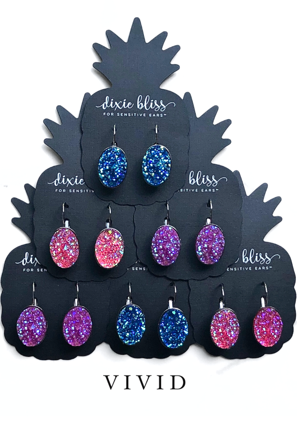 Dixie Bliss Earrings:  Vivid Lever Backs In Blue, Pink, and Purple. All Hypoallergenic made in the USA woman-owned company druzy shiny diamond-like sparkle and shine safe & made for sensitive ears