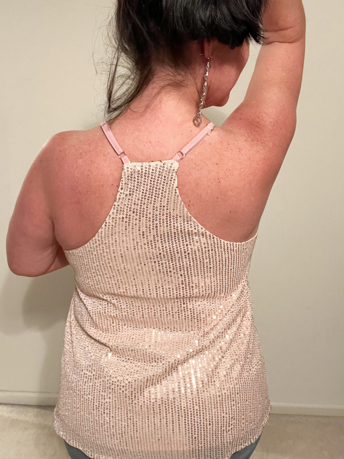 Sparkly Bling Cami Sequin Racerback Tank Adjustable Straps V-neckline Lined Material: 95% polyester, 5% spandex Stretchy True to Size 5 colors: Apricot Cream Off-white, Red Wine Burgundy, Black, Royal Navy Blue, Blush Pink