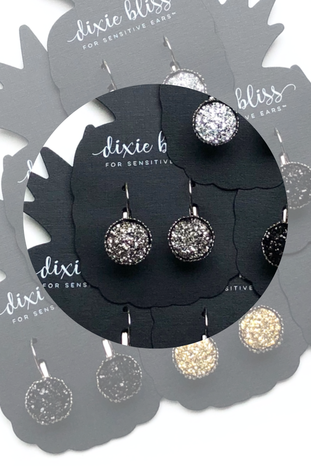 Dixie Bliss Earrings: Perfect Lever Backs In Gunmetal, Silver, Gold, Black. All are Hypoallergenic made in the USA woman-owned company druzy shiny diamond-like sparkle and shine safe & made for sensitive ears