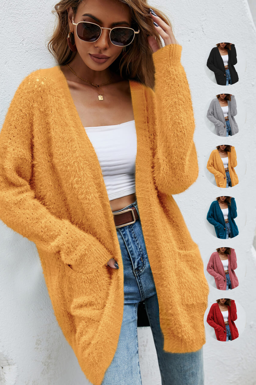 Fuzzy Cardigan with Pockets Super Soft Stretchy, Dropped Shoulders, ultra soft & stretchy knit acrylic/polyamide | teal , yellow, black, pink, grey gray, red