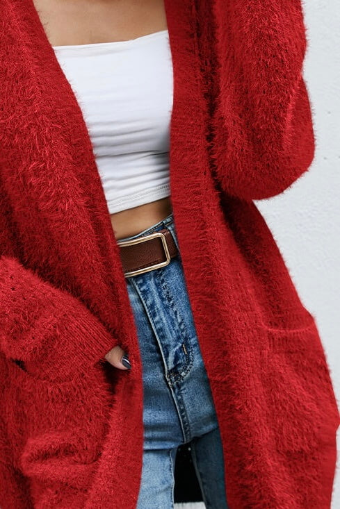 womens red fuzzy soft knit cardigan with pockets