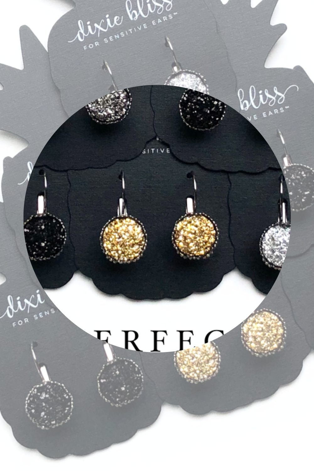 Dixie Bliss Earrings: Perfect Lever Backs In Gunmetal, Silver, Gold, Black. All are Hypoallergenic made in the USA woman-owned company druzy shiny diamond-like sparkle and shine safe & made for sensitive ears