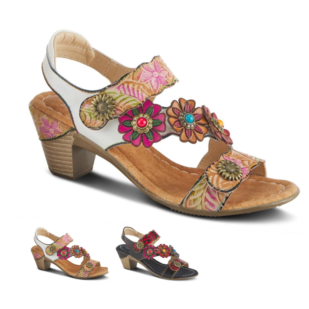 Springstep Shoes Spring Step Footwear Flower Shoes Sandal Heel Womens Shoe L'Artiste Style: AROMAS  These sling back sandals are positively blooming with charm. It features embossed and 3D florals crisscrossing your foot with an adjustable hook and loop Velcro strap at the ankle. The floral design continues on the back of the heel so you'll be seen at all angles.