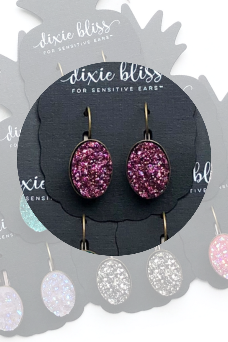 Dixie Bliss Earrings: Brilliant Lever Backs Hypoallergenic made in the USA woman-owned company druzy shiny diamond-like sparkle and shine safe & made for sensitive ears