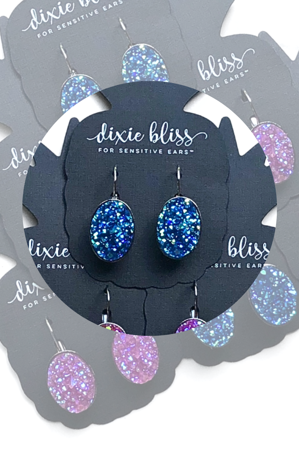 Iridescent Blue Raspberry | Dixie Bliss Earrings: Vivid Lever Backs In Blue, Pink, and Purple. All Hypoallergenic made in the USA woman-owned company druzy shiny diamond-like sparkle and shine safe & made for sensitive ears