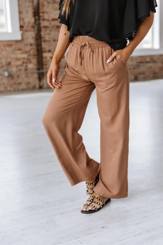 Women's Everyday Casual Pants | Heidi Drawstring Wide Leg Pant available in 3 colors: Black, Coffee Brown, and Deep Teal Blue. Elastic Comfort Stretch Drawstring Waist, Straight Wide Leg