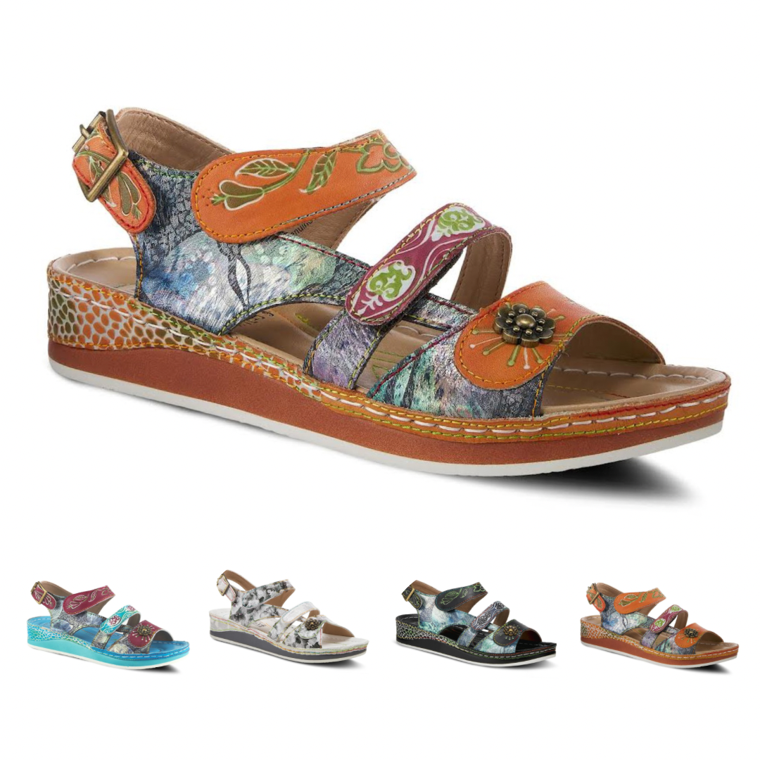 L'Artiste Style: Sumacah Ankle Strap Leather Sandal Shoe SpringStep Shoes Womens Footwear Hand painted, French inspired. unique color blocked floral pattern metal flower button signature rainbow stitching Hook and Loop Velcro straps antiqued gold hardware, floral embossed design, leather pieced wedge. -Hook-and-loop adjustable straps and an adjustable buckled strap at the heel.