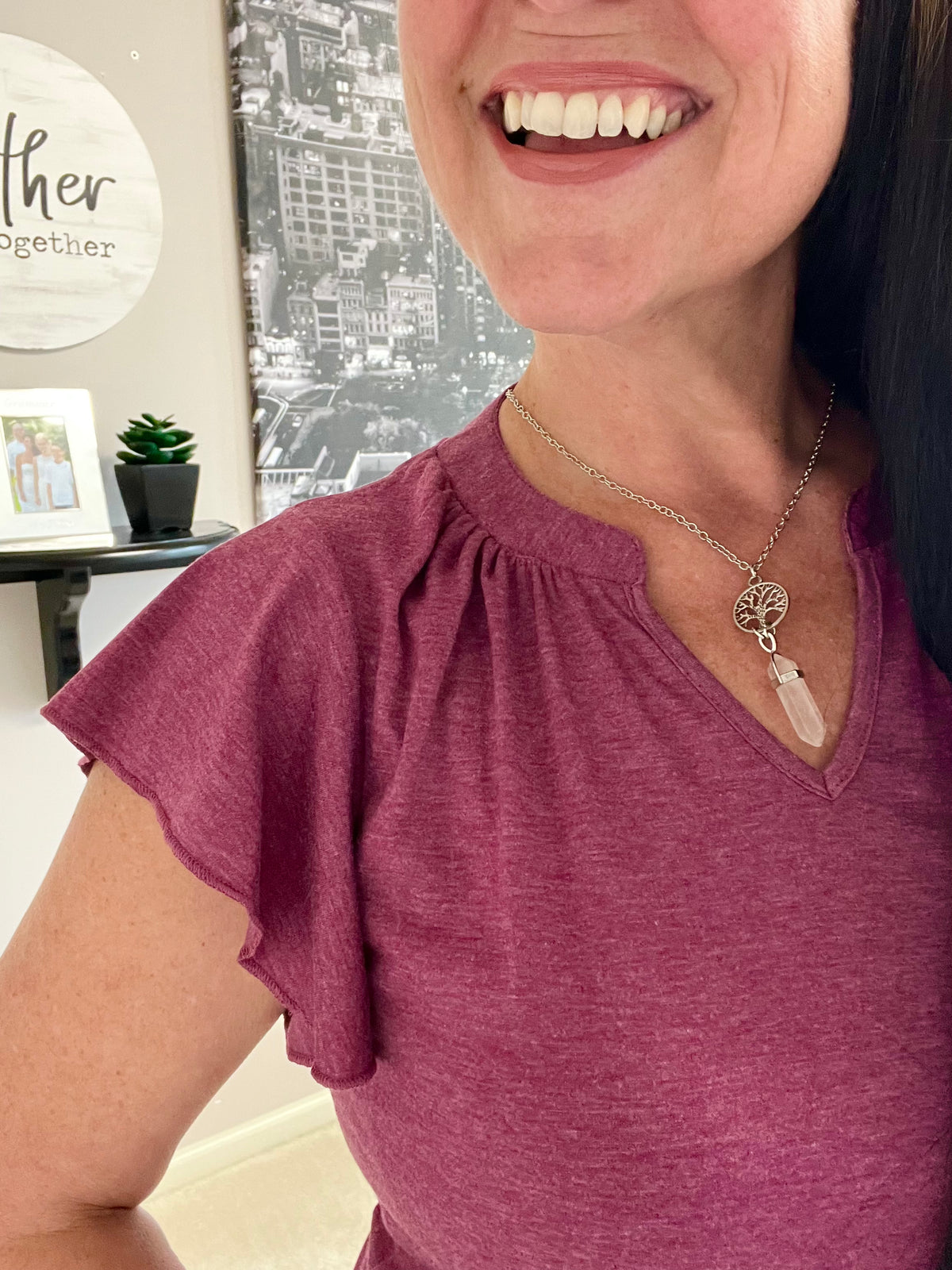 Womens Casual Top | Nancy Notched Neck Flutter Sleeve Top | 6 colors | Magenta, Sky Blue, Coral Peach, White, Black, Mid Gray | Butterfly Sleeve | Subtle Heathering | Soft Jersey Fabric 