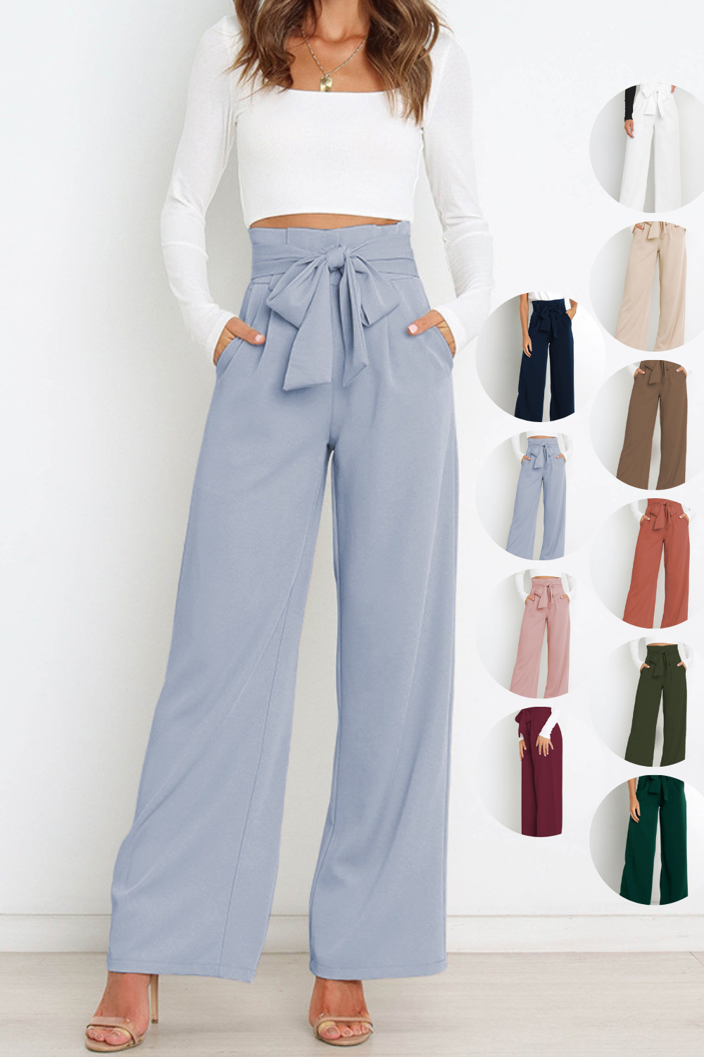 Womens Misses Dress Pants Trousers with Pockets, Paperbag Tie Waist, Wide Leg Silhouette, Pleated, several solid colors including Blush Light Pink, Light Sky Blue, Navy Blue, Army Green, Forest Green, Brick Terracotta Rust, White, Dust Storm Ivory Cream Beige Off-White, Taupe Brown Tan, Burgundy Wine