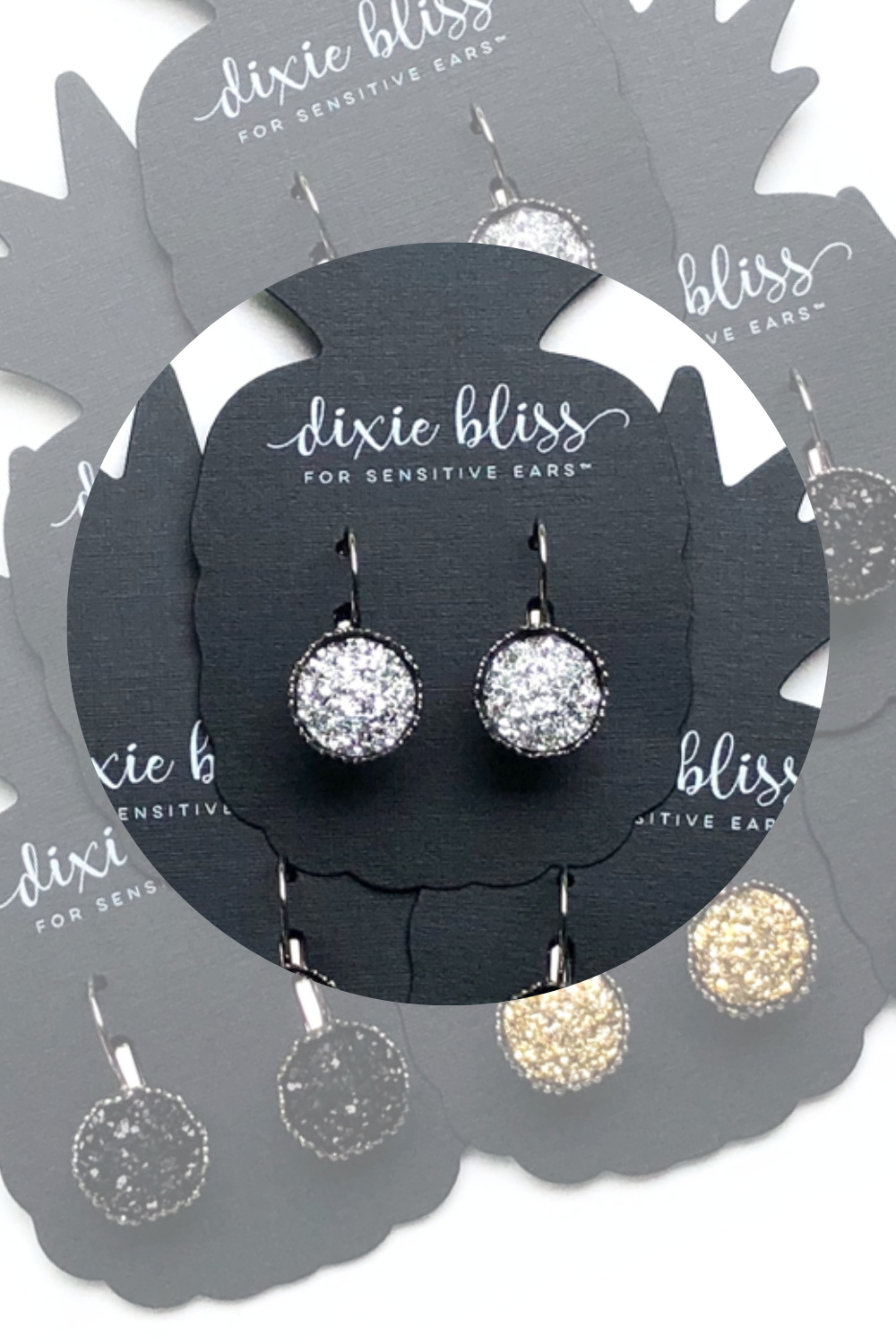 Dixie Bliss Earrings: Perfect Lever Backs In Gunmetal, Silver, Gold, Black. All are Hypoallergenic made in the USA woman-owned company druzy shiny diamond-like sparkle and shine safe & made for sensitive ears