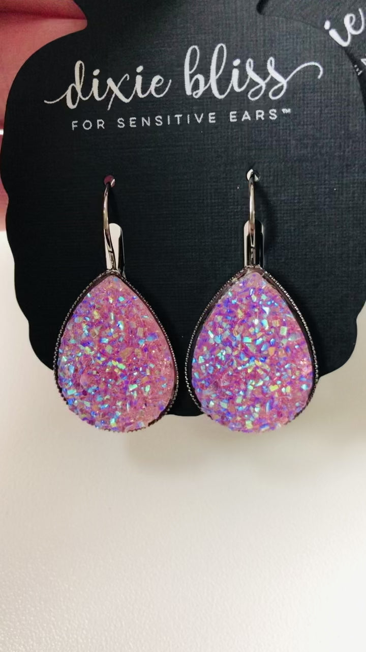 Dixie Bliss Earrings: Iridescent Lovely Lever Backs In Crystal Clear White and also Blush Pink Hypoallergenic made in the USA woman-owned company druzy shiny diamond-like sparkle and shine safe & made for sensitive ears