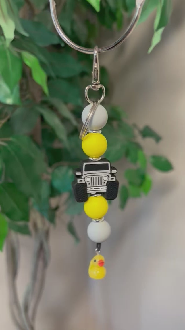 Silicone Jeep Rubber Duck Keychain Keyring with 4x4 Jeep Adventure Silicone Focal Bead, food-grade silicone, round silicone accent beads in yellow and grey, lobster claw clasp, quick release swivel hook, split keyring.