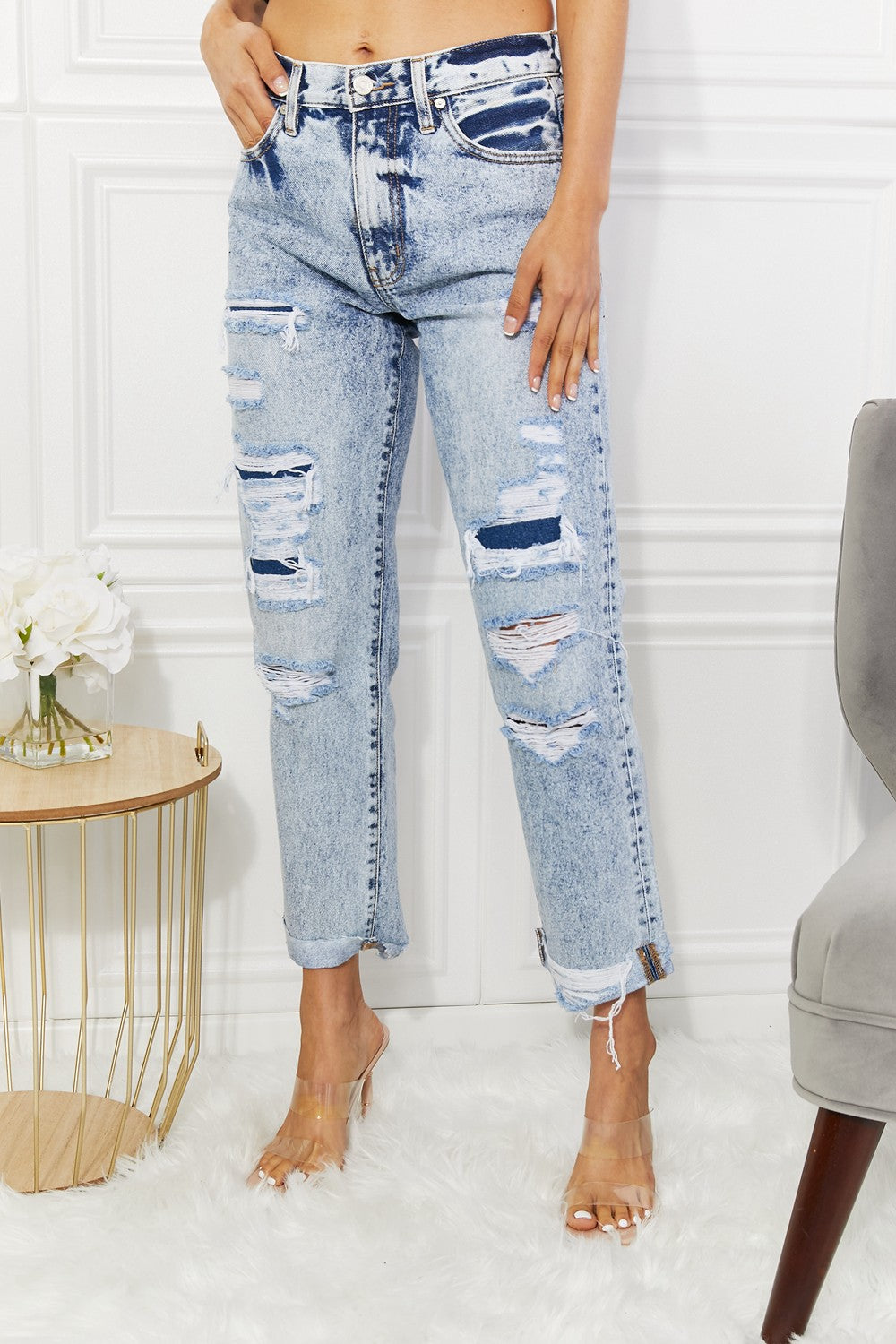 Kendra High Rise Distressed Straight Jeans
