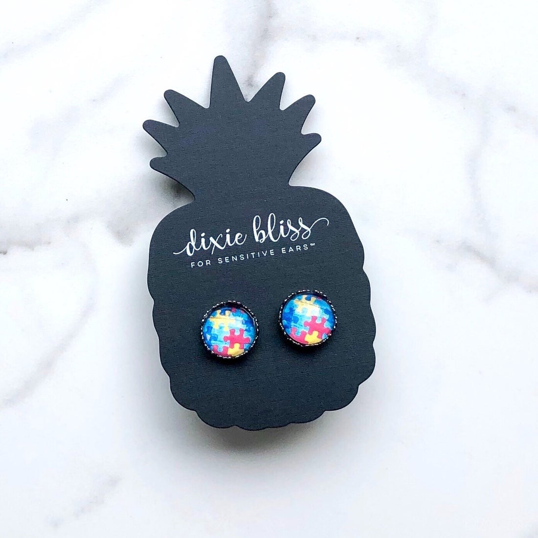 Dixie Bliss Earrings: Puzzle Piece Photo Glass