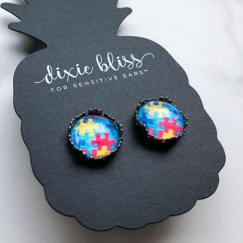 Dixie Bliss Earrings: Puzzle Piece Photo Glass