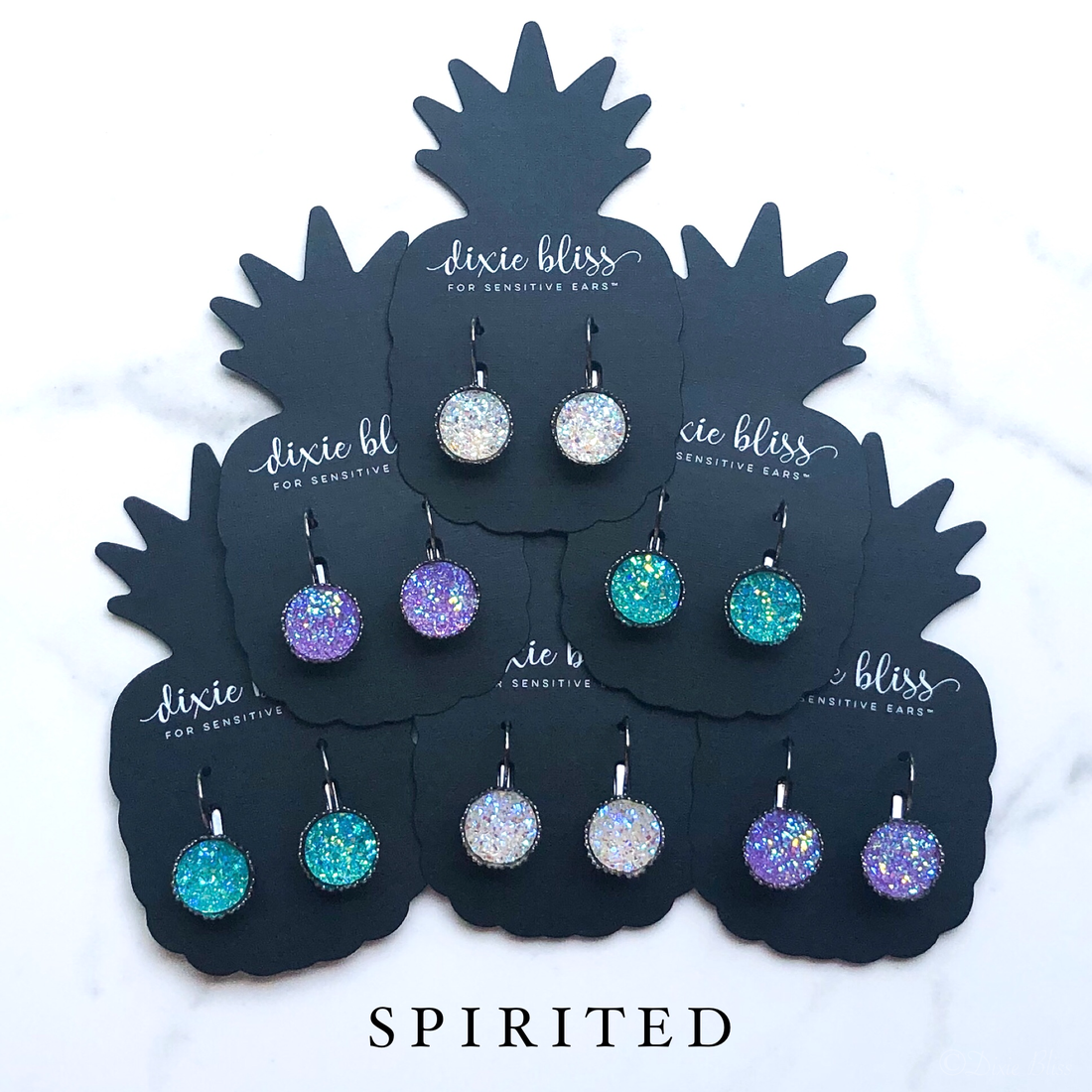 Dixie Bliss Earrings: Iridescent Spirited Lever Backs Hypoallergenic made in the USA woman-owned company druzy shiny diamond-like sparkle and shine safe & made for sensitive ears, Purple Crystal Clear White and Aqua Teal Turquoise Color