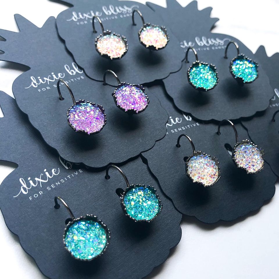 Dixie Bliss Earrings: Iridescent Spirited Lever Backs Hypoallergenic made in the USA woman-owned company druzy shiny diamond-like sparkle and shine safe & made for sensitive ears, Purple Crystal Clear White and Aqua Teal Turquoise Color
