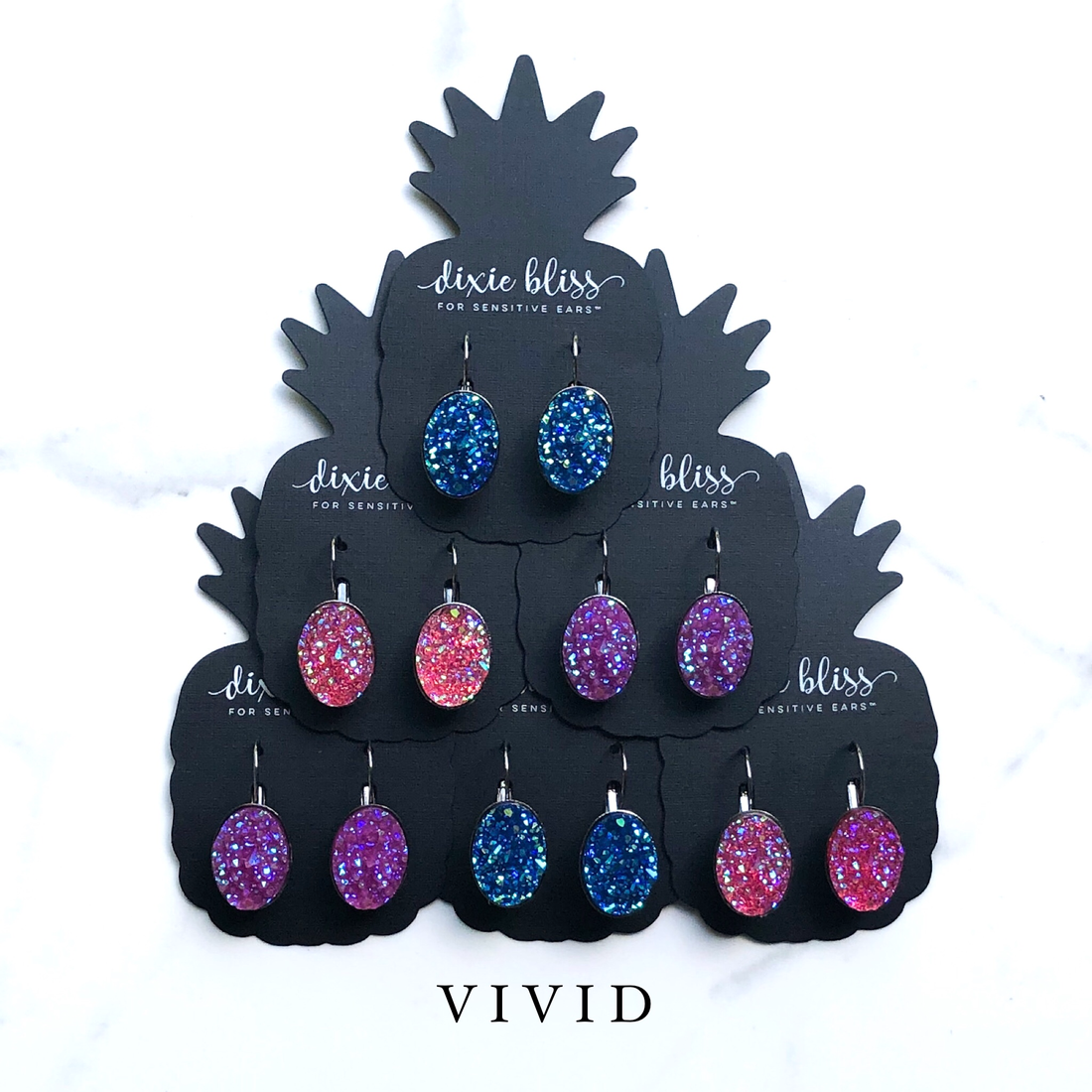 Dixie Bliss Earrings:  Vivid Lever Backs In Blue, Pink, and Purple. All Hypoallergenic made in the USA woman-owned company druzy shiny diamond-like sparkle and shine safe & made for sensitive ears