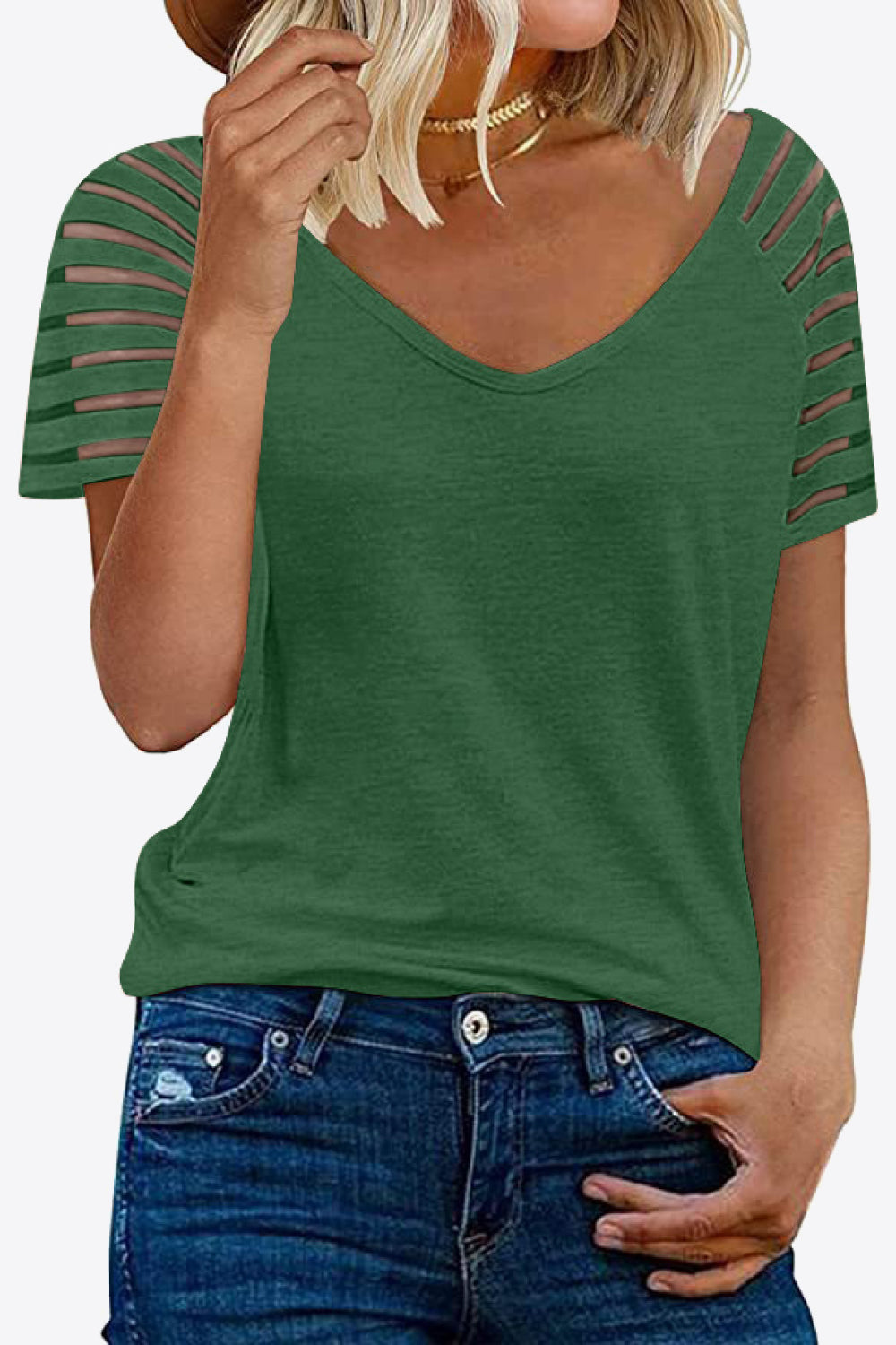 Mid Green Forest Green Dark Green Womens Sheer Striped Sleeve Tee in 8 colors, Very Highly Stretchy Rayon Spandex Blend Fabric Material, True to Size Fit, Shortsleeve Tee, V-Neckline