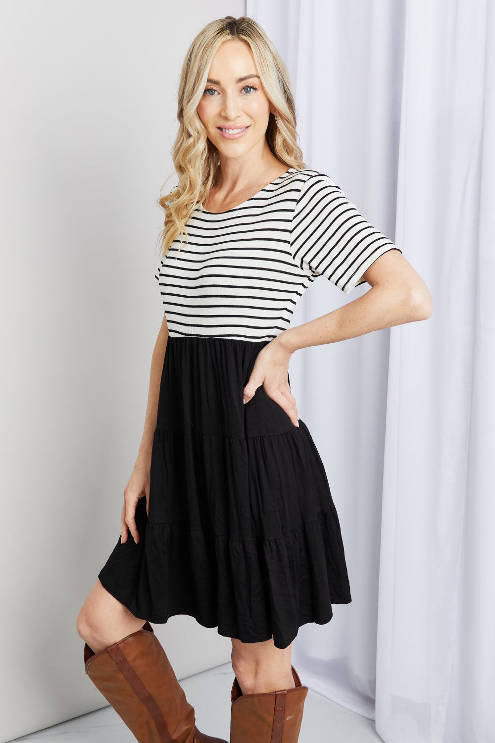 Call Me Cute Two-Tone Black & White Short Sleeve Spliced Dress