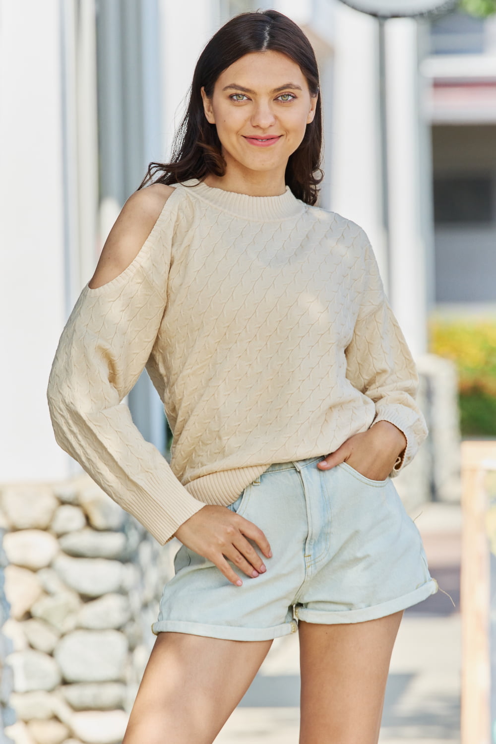 All The Time Cold Shoulder Cable Knit Sweater in Ivory