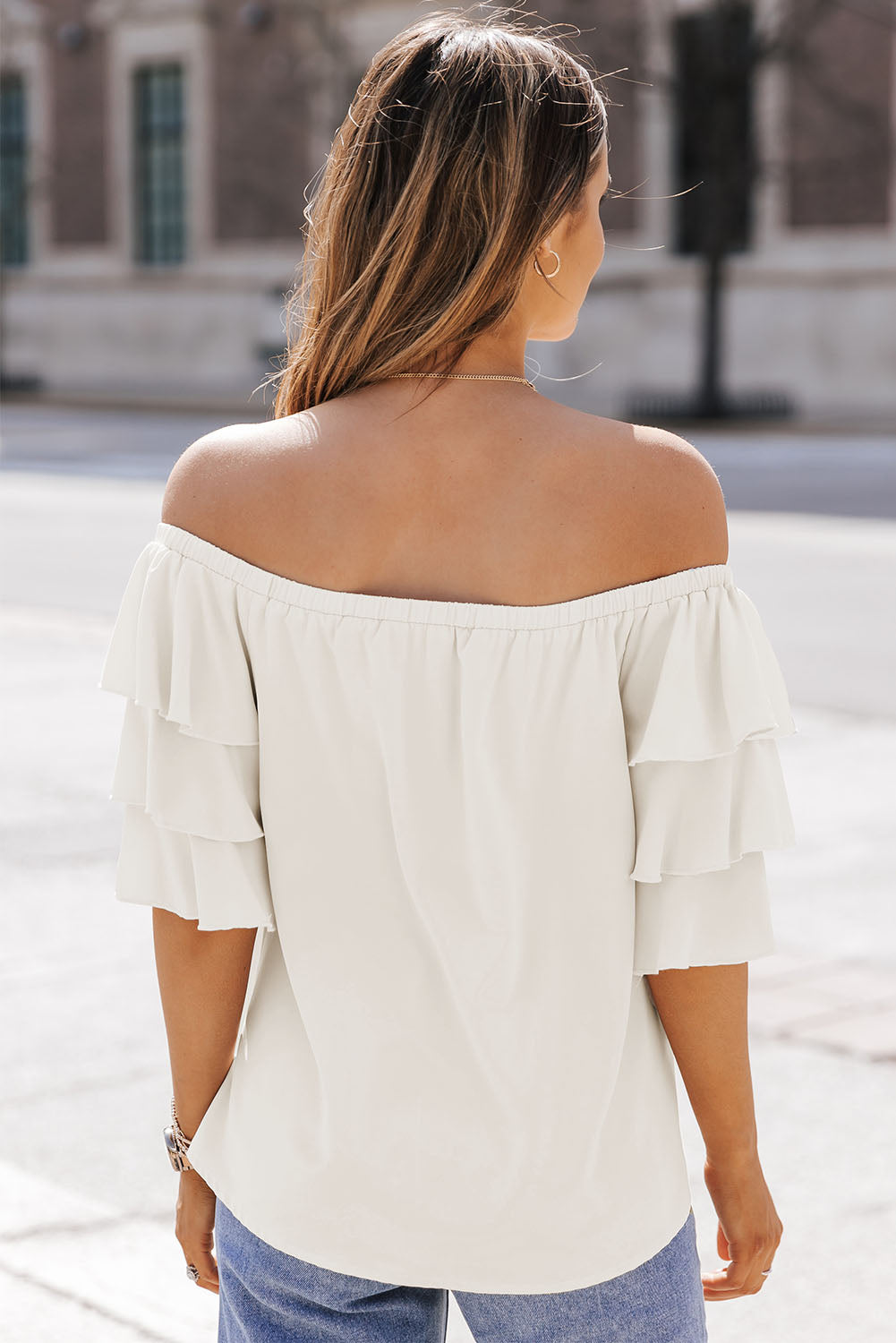 Laurie Off-the-Shoulder Layered Sleeve Blouse in Ivory