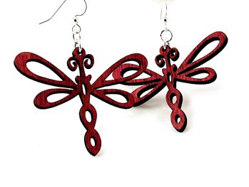 Wooden Dragonfly Earrings in Cherry Red