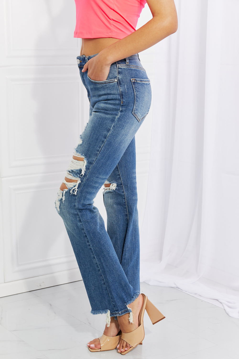 RISEN Hazel High Rise Distressed Flare Jeans | Comfortable Denim | Retro 70s vibe