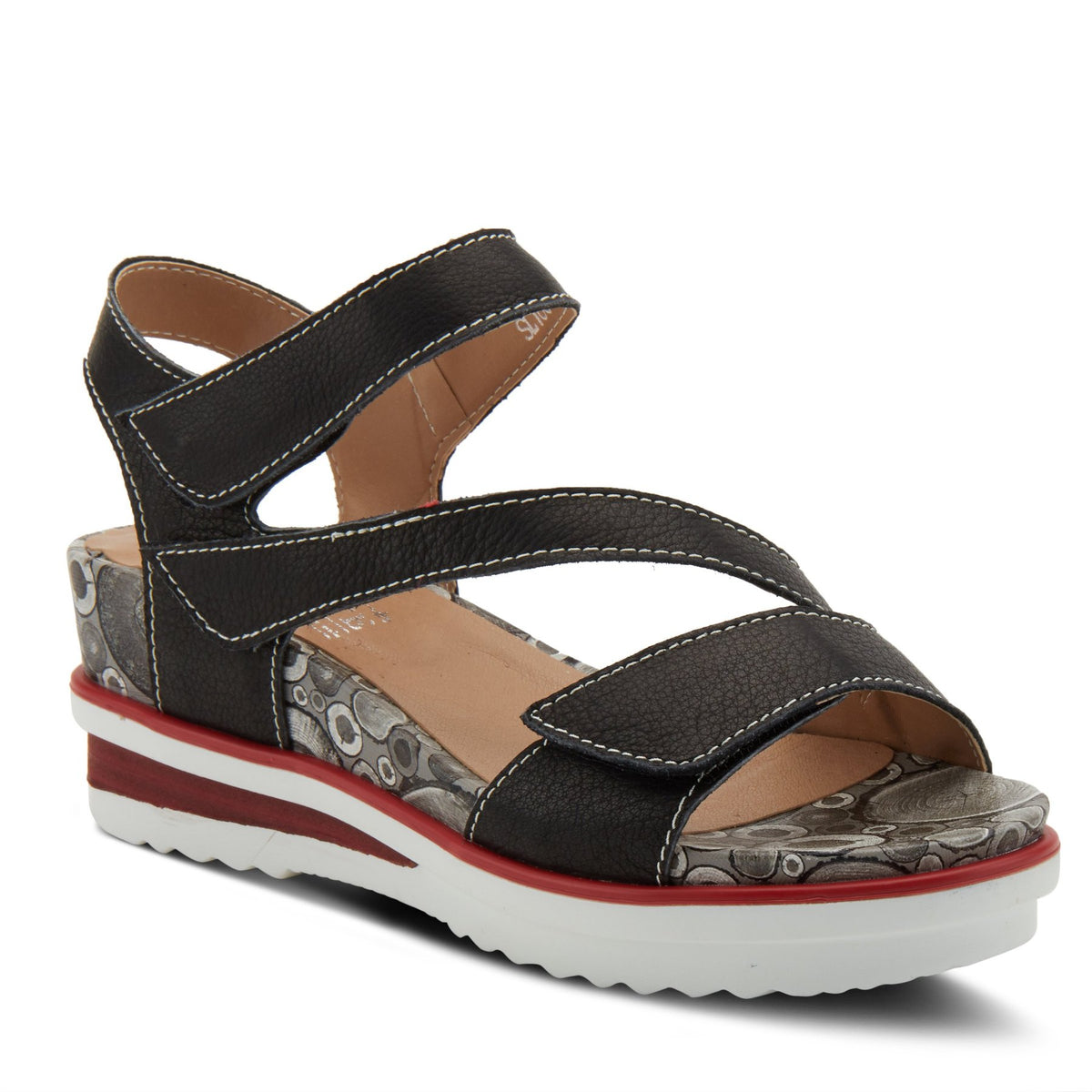 L`Artiste by Springstep Footwear ELONA Sandal is a truly eye-catching combination of hand-painted elements in a leather asymmetrical sandal featuring a total custom fit design with three (3) adjustable hook and loop straps and tonal stitchwork all on a leather-wrapped, comfort wedge with a platform. 