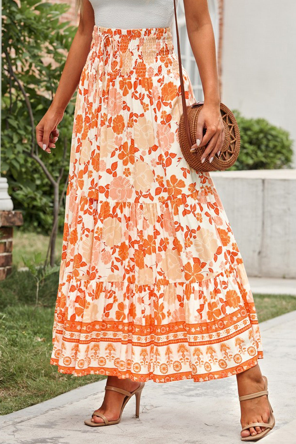 Womens Orange Floral Cotton Tiered Maxi Skirt | Stretchy Smocked Waist, Tiered Silhouette