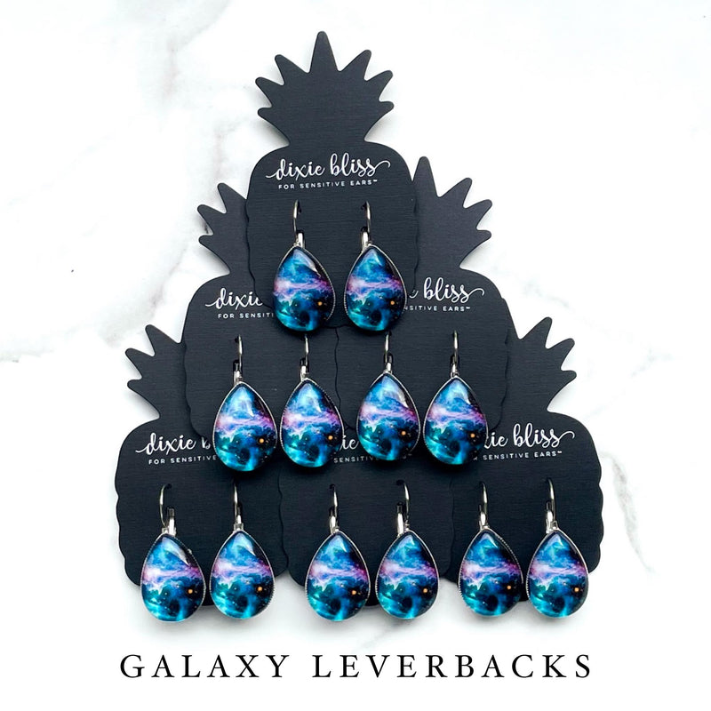 Dixie Bliss Earrings: Galaxy Space Galactic Lever Backs Hypoallergenic made in the USA woman-owned company; safe & made for sensitive ears