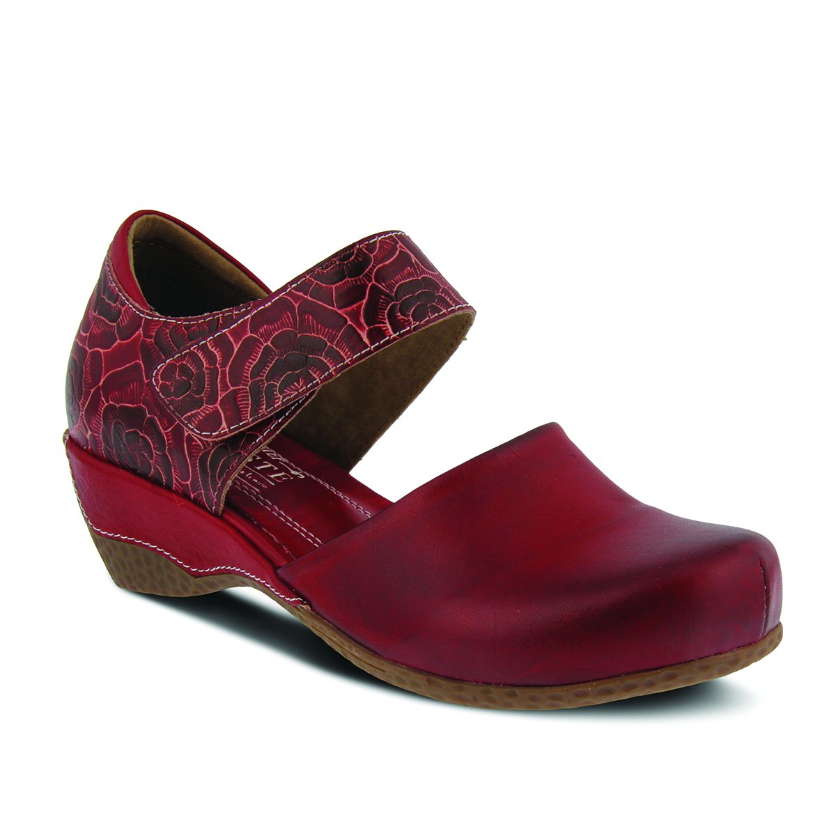 Hand painted leather two-piece Mary-Jane with hooks and loops wide strap fastening. Beautiful floral two-tone leather quarters with padded heel topline. Style name is Gloss-Pansy Mary Jane Shoe by L'Artiste Springstep Footwear