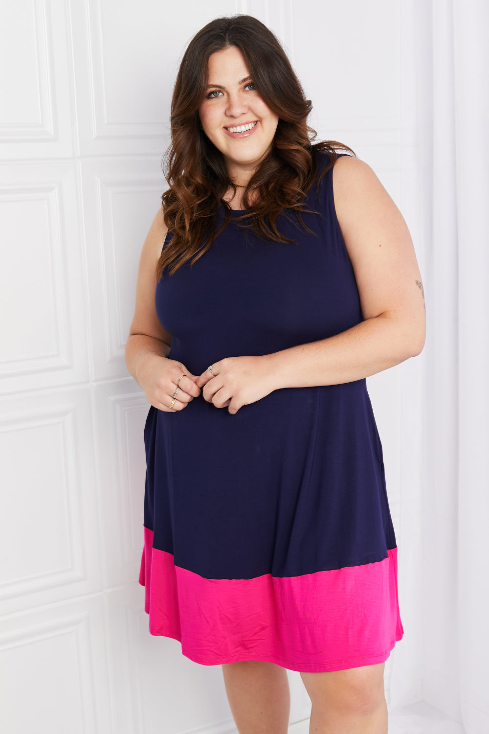 Darling Dipped Sleeveless Dress with Pockets in Navy & Fuchsia