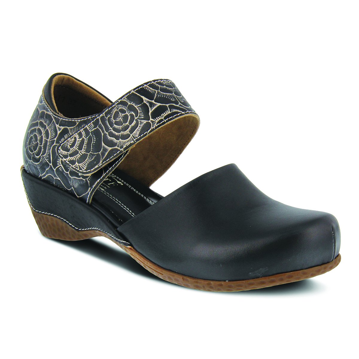 Hand painted leather two-piece Mary-Jane with hooks and loops wide strap fastening. Beautiful floral two-tone leather quarters with padded heel topline. Style name is Gloss-Pansy Mary Jane Shoe by L'Artiste Springstep Footwear