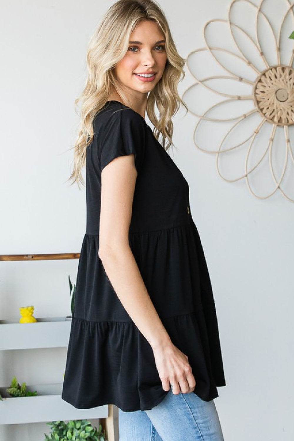 Carefree & Casual Buttoned V-Neck Tiered Top in Black