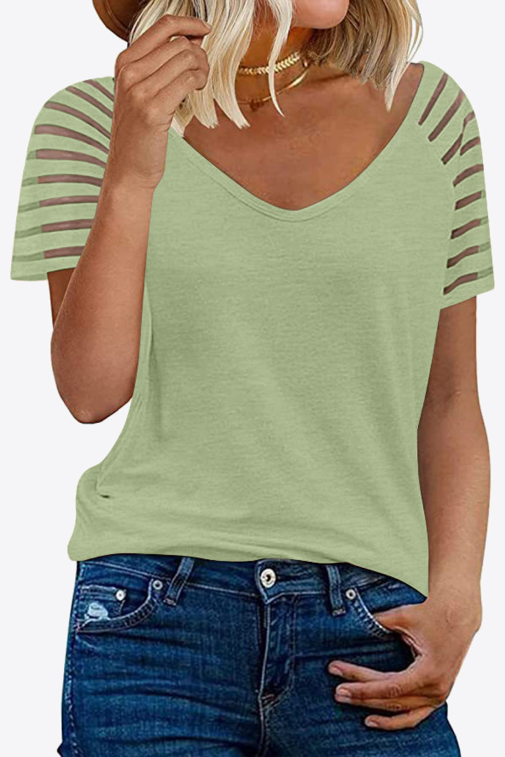 Light Green Mist Green Sage Olive Womens Sheer Striped Sleeve Tee in 8 colors, Very Highly Stretchy Rayon Spandex Blend Fabric Material, True to Size Fit, Shortsleeve Tee, V-Neckline