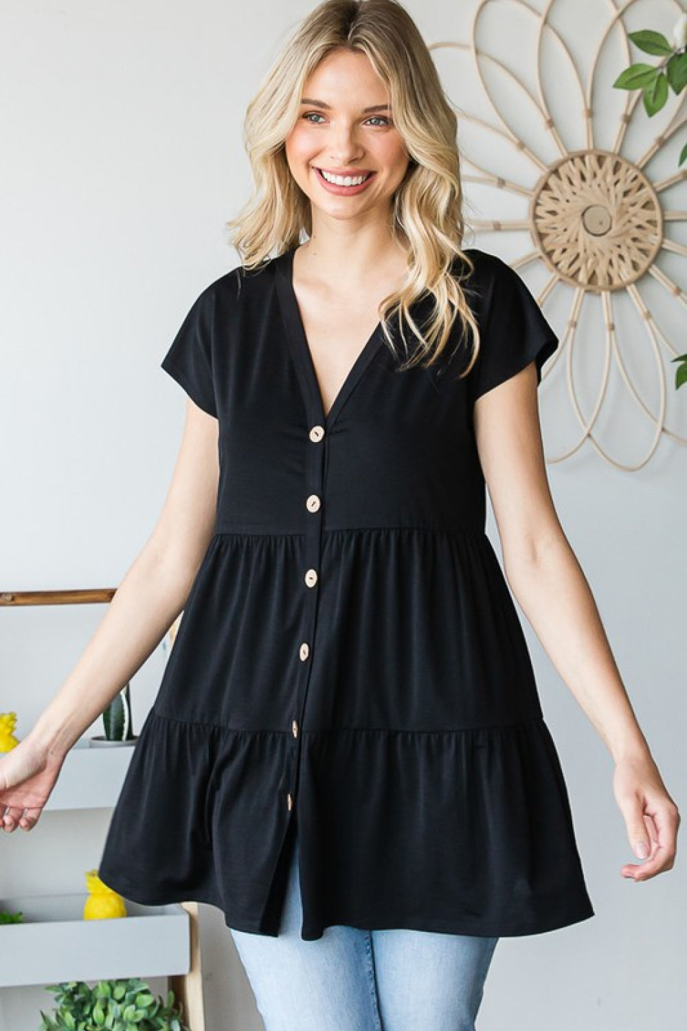 Carefree & Casual Buttoned V-Neck Tiered Top in Black