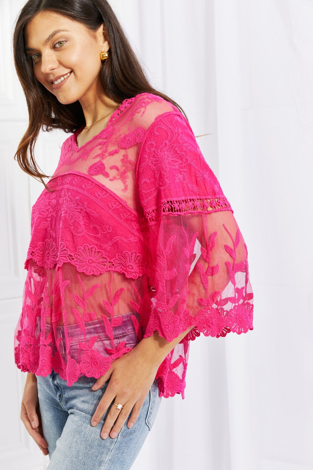 Carlita Cotton Lace Blouse in Hot Pink
