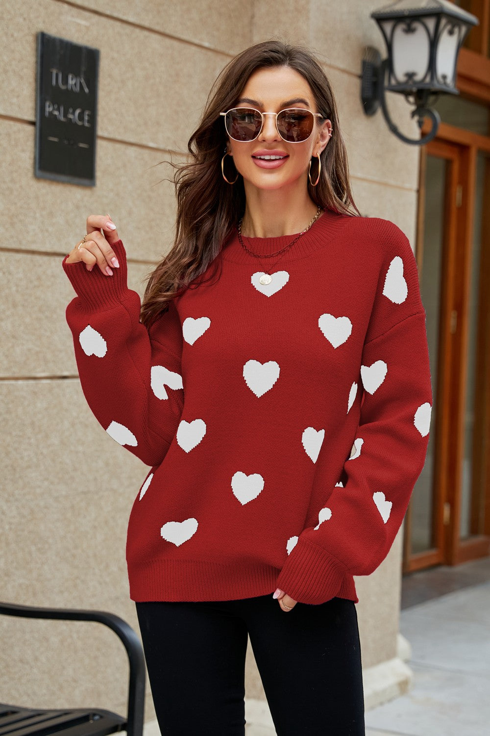 Heart Pattern Lantern Sleeve Round Neck Sweater | 6 colors |