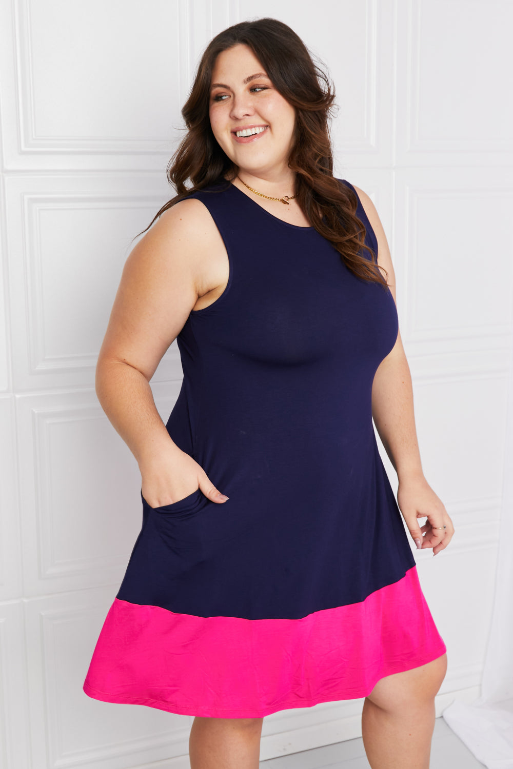 Darling Dipped Sleeveless Dress with Pockets in Navy & Fuchsia