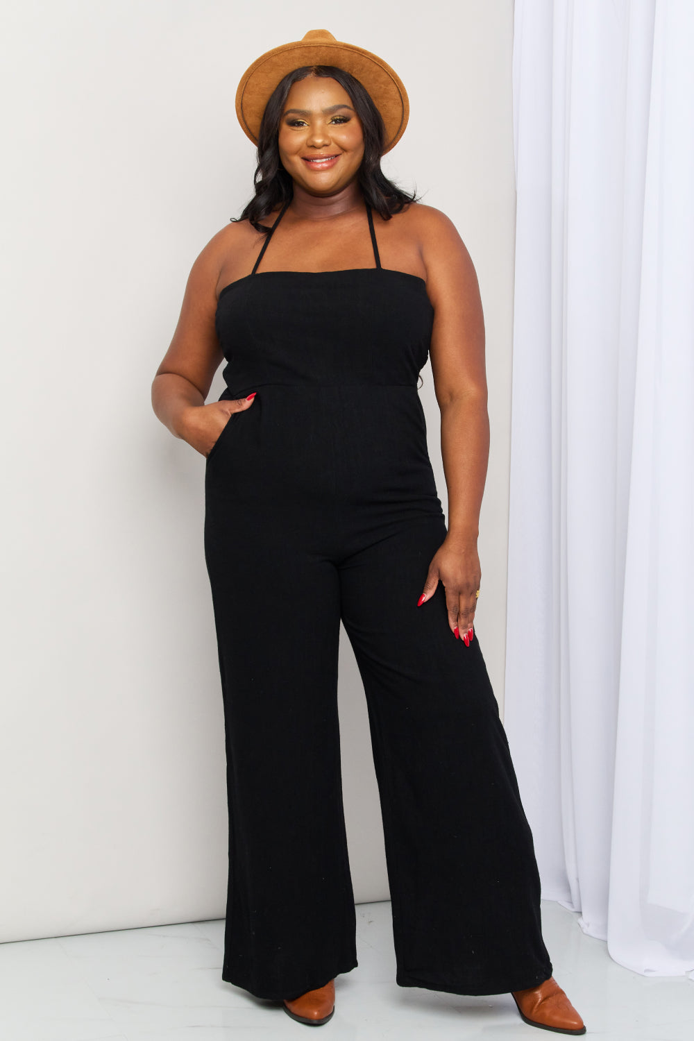 I'm All That Halter Neck Wide Leg Jumpsuit with Pockets in Black