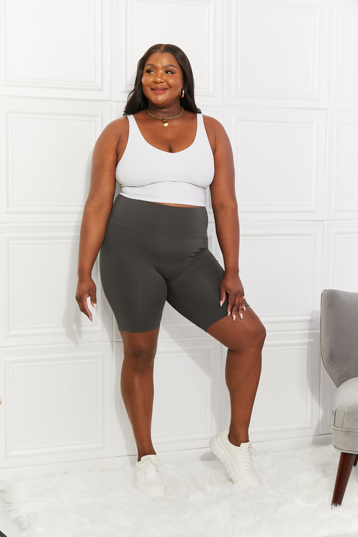 Wide Waistband Biker Shorts in Dark Gray