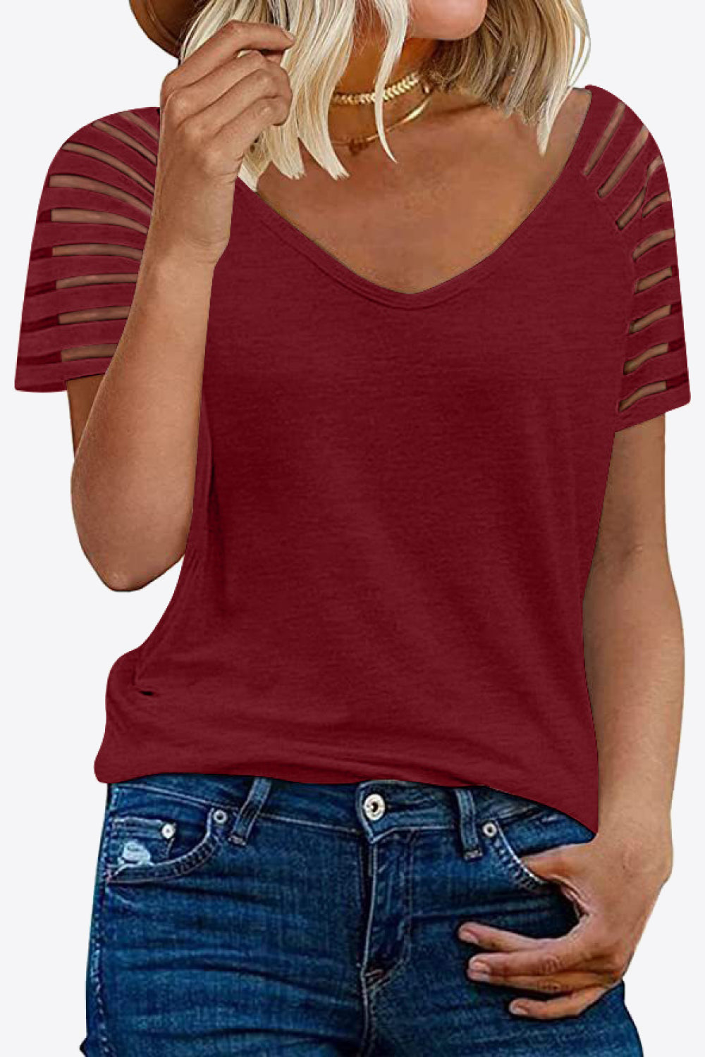 Red Burgundy Wine Womens Sheer Striped Sleeve Tee in 8 colors, Very Highly Stretchy Rayon Spandex Blend Fabric Material, True to Size Fit, Shortsleeve Tee, V-Neckline